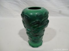 4987 Régi különleges halas madaras zöld üveg váza