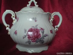 Zsolnay rózsamintás nagy barokk cukortartó+3db teás csé