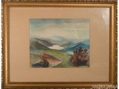 4182 T36 Jelzett hegyvidéki táj akvarell 34 x 45