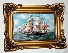 Hajó a tengeren-Értékes miniatúra festmény -blondelkerettel
