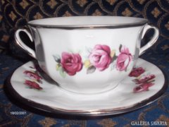 Gyönyörű, rózsás leveses tálka, csésze tányérjával