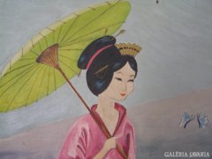 Ázsiai hölgyet ábrázoló festmény, ajándék vázával