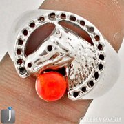 Egyedi ezüst gyűrű vörös korall kővel ,ló 925 