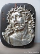 INRI régi falikép aluminium Jézus fej fa táblán