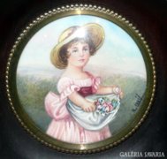 Francia miniatűr kézi festés: Kalapos kislány virágokkal