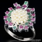 Egyedi smaragd,rubin,gyöngy ezüst gyűrű nagy méret 