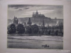 Prága Károly híd, vár látképe, litográfia