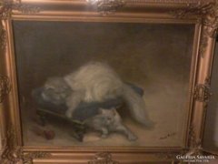 Antik nagyméretű cicás festmény (szignózott)