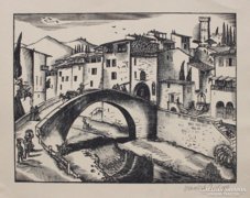 Vadász Endre: Itáliai kisváros híddal-Olaszországi részlet