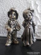 Jelzett ezüstözött bronz kisfiú és kislány kisplasztika