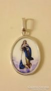 Régi Porcelán kézifestésű tűzzománcos Szűz Mária ezüst medál