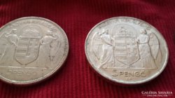 Ezüstpénzek- három Horthy 5 pengő és két ezüst kétszázas