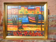 Vén Emil festőművész Kikötő című képcsarnokos olajfestménye