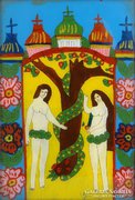 0E974 Antik erdélyi üveg ikon Ádám és Éva