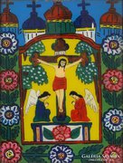 0E979 Antik erdélyi üveg ikon : Jézus a kereszten