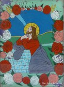 0E990 Antik erdélyi üveg ikon Jézus az atya előtt