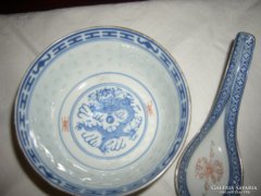 Kínai porcelán tál és  kanál rizsmintás 