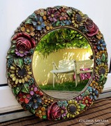 Antik bútor, nagyon szép virágos kör alakú tükör 