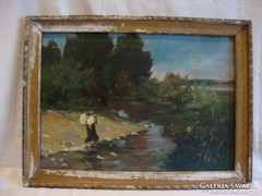 Vízen átkelő nő batyuval olaj-karton festmény