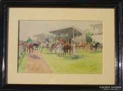 Zórád Ernő: Lóversenyen, 1944,  akvarell, 39 x 24 cm