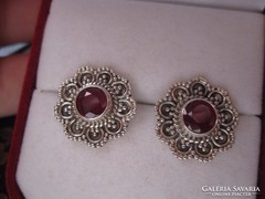 Filigrán antik ezüst rubin fülbevaló pár bedugós - 925-ös