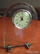 Battery-operated, metal base, vault-shaped, polished edge, glass body clock.