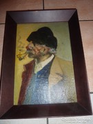 Smoking old oil canvas in a beautiful frame (portrait with sign)