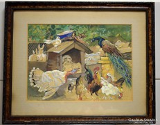 Mühlbeck Károly - Kutyaház és baromfiudvar - akvarell