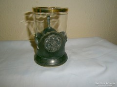 Antik fém teás pohártartó eredeti pohárral 