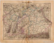 Dél - Németország térkép 1893, eredeti, német nyelvű, antik 