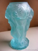 Art deco aquamarin üveg váza nőalakokkal