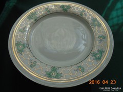 Orbán Gizi ( Zsolnay) szignós-aranyrácsos zöld virágos tésztás tányér-19 cm-6 db