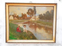 Szlányi Lajos"Gyerekek a patakparton"Festmény 1930