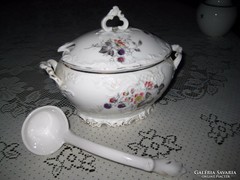 Old Viennese sauce bowl with dipping porcelain spoon, 20 x 16 cm