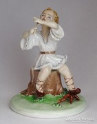0M822 Jelzett hibátlan porcelán fuvolázó fiú 21 cm