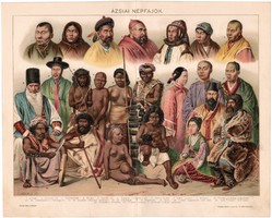 Ázsiai népfajok 1894, színes nyomat, Azsia, osztyák, japán, tibeti, kínai, szingáliai, indiai, nép