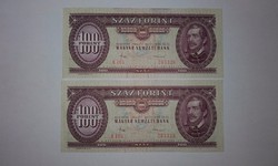 100 Forint 2 db sorszámkövető,1984-es ropogós  bankjegy !