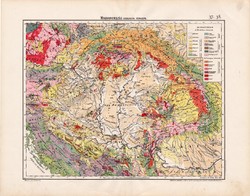 Magyarország geológiai térkép 1906, magyar atlasz térképe, eredeti, Pálfy Mór, geológia, antik, régi