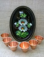 Retro enamel hand-painted tray with 6-piece red copper cup