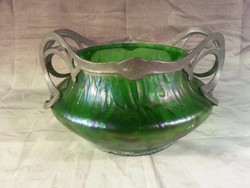 Magnificent Metal-Decorated Art Nouveau Iridescent Glass Bowl, 23 cm