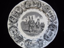 Hollóházi - Sarreguemines antique plate with soldier scene, intact, 20 cm