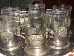 Teás készlet fémtalpak üvegbetétes kivcehető poharak