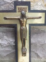 Feszület Jézus a kereszten réz,fa 27x11 cm régi db