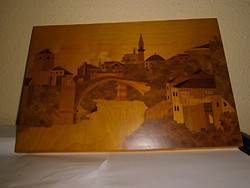 Antik szép  intarzia -városkép 34,5 cm X 23 cm 