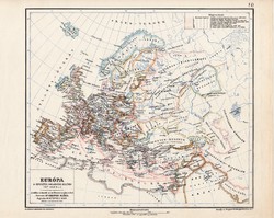 Európa térkép 1217, kiadva 1913, eredeti, atlasz, Kogutowicz Manó, történelmi, keresztes hadjáratok