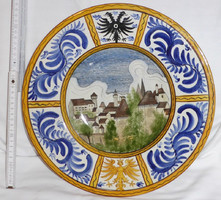 19. századi osztrák címeres tájképes keménycserép tányér