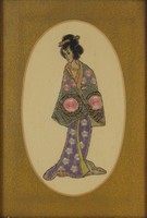 0O324 Régi japán gésa selyemkép 38 x 29 cm