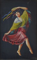 0O323 Spanyol cigány lány selyemkép 46.5 x 33 cm