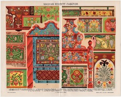 Magyar festett fabútor, színes nyomat 1896, régi, bútor, láda, ágyvég, Felső - Rákos, szekrénydísz