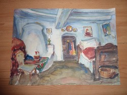 Darvassy István? jelz.: Parasztszoba-belső, kétoldalas akvarell